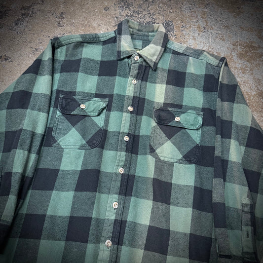 Vintage 90s Field and Stream Faded Green and Black Plaid Flannel Shirt