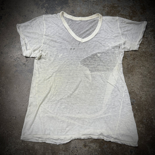 Vintage 70s Paper Thin Thrashed Deep V Blank White T-Shirt