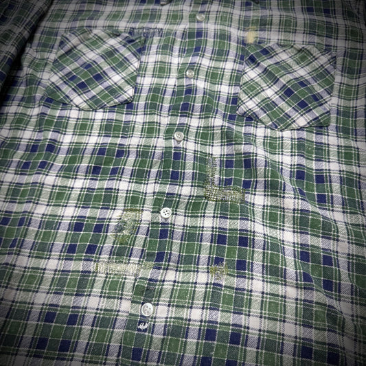 Vintage 70s Distressed and Repaired Plaid Cotton Shirt