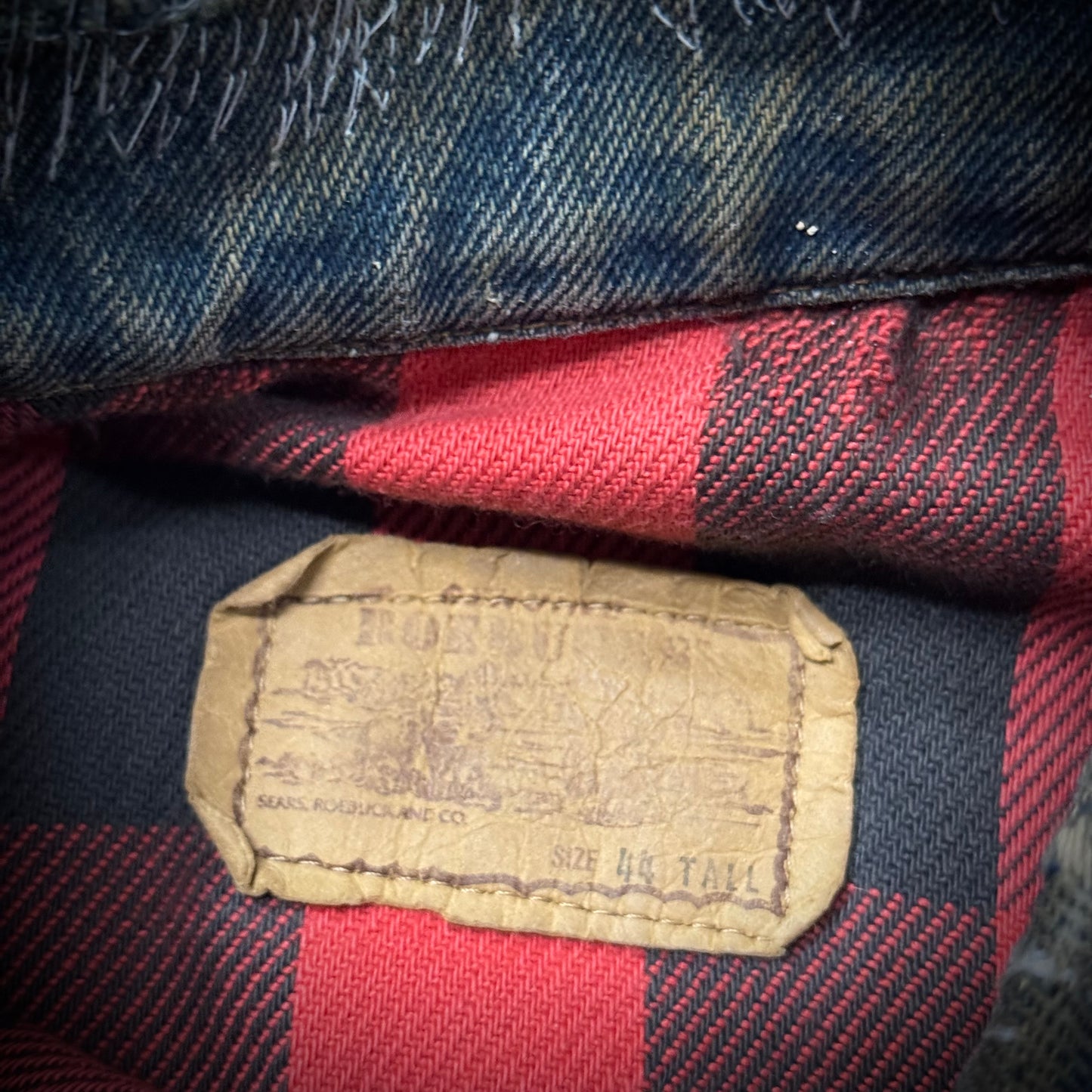 Vintage 70s/80s Roebucks 12 Gauge Shotgun Shell Button Plaid Lined Distressed Denim Jacket