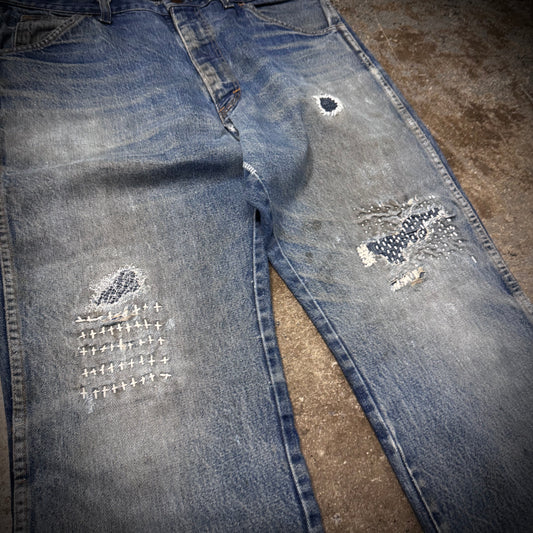 Vintage 60s Sashiko Repaired Distressed Wide Boot Cut Denim Jeans