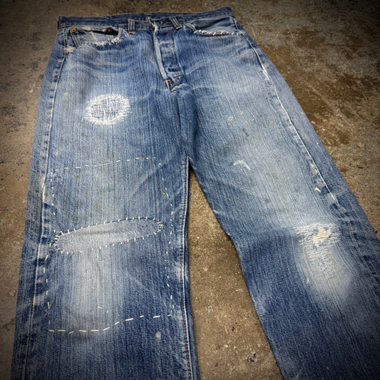 Vintage 70s Levi’s 501 Single Stitch Selvedge Distressed and Repaired Denim Jeans