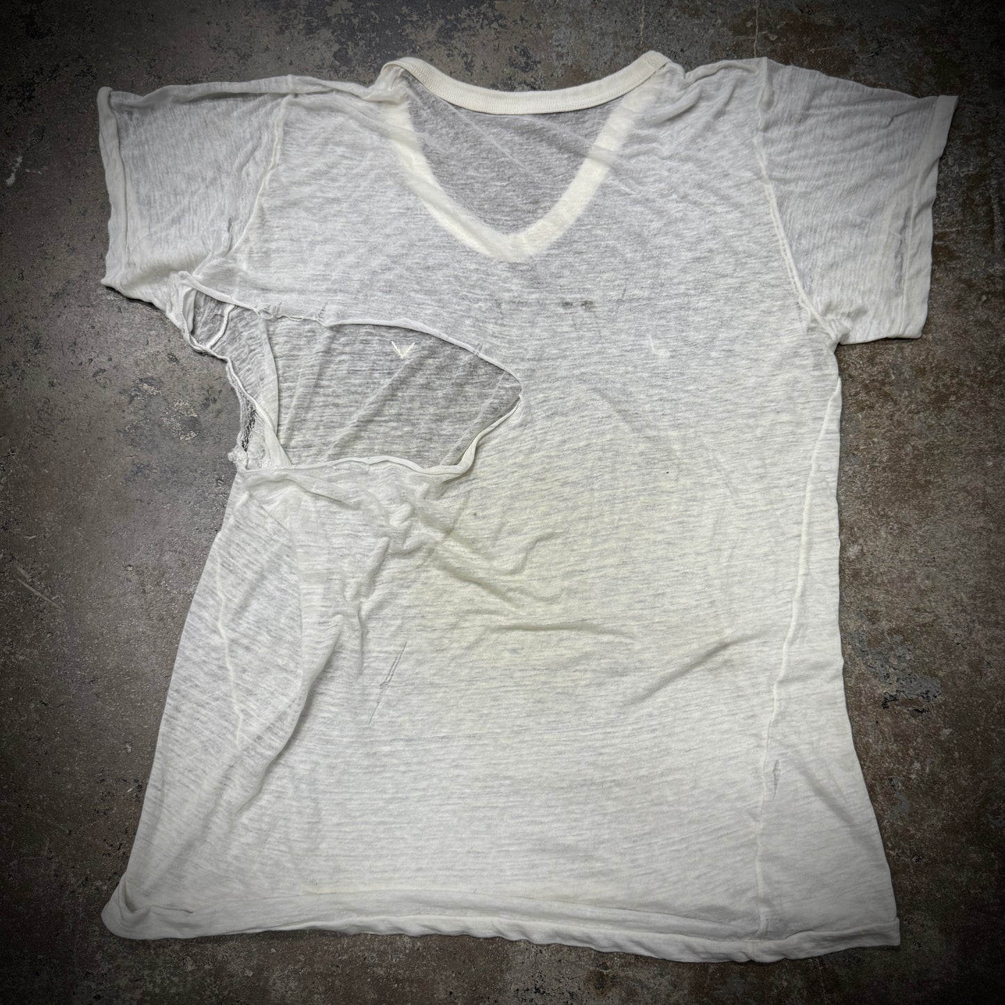 Vintage 70s Paper Thin Thrashed Deep V Blank White T-Shirt