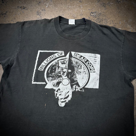 Vintage 90s MDC Millions of Dead Cops Faded Black Distressed & Repaired Punk Band Tee