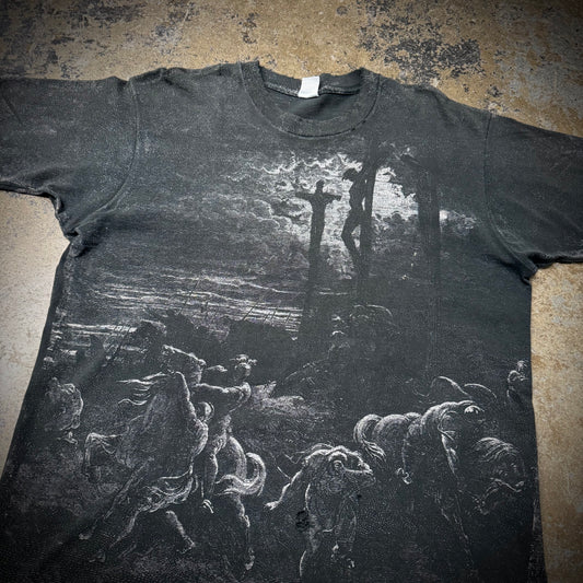Vintage 90s Gustav Dore The Crucifixion Distressed Faded Black All Over Print Jesus Art Tee