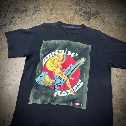Vintage 1992 Guns n Roses Nude Pin Up Conart Wear Faded Black Band Tee