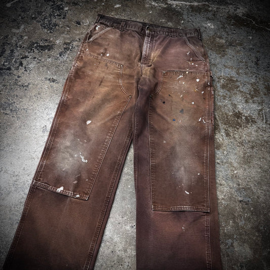 Vintage 00s Carhartt Paint Stained, Faded and Distressed Brown Duck Canvas Double Knee Pants