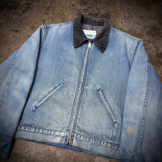 Vintage 70s Sears Work Leisure Faded Blue Denim Blanket Lined Detroit Style Jacket