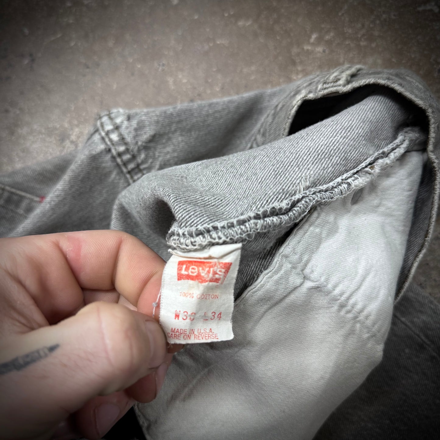 Vintage 90s Distressed Repaired Paint Stained Levi’s 501 Charcoal Grey Denim Jeans