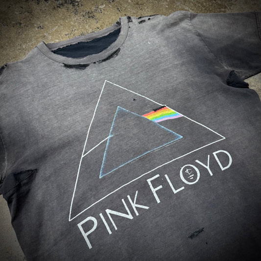 Vintage 00s Pink Floyd Dark Side of the Moon Thrashed and Repaired Faded Black Band Tee