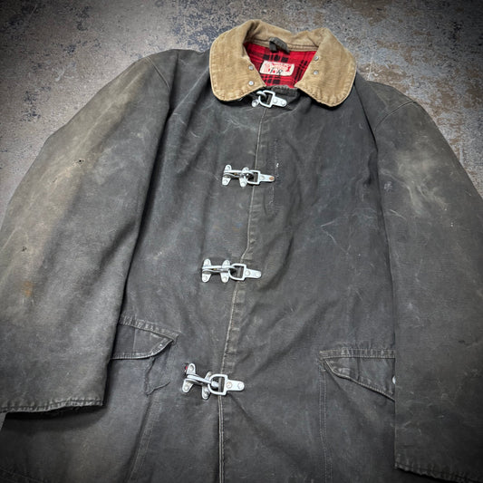 Vintage 1940s Faded Black Distressed and Repaired Fireman’s Clasp Canvas Jacket