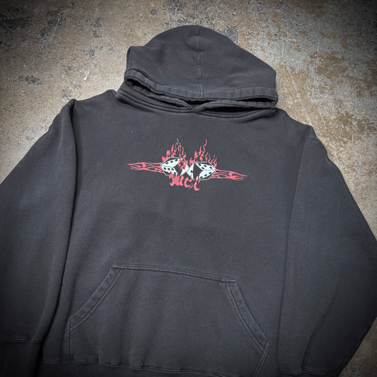 Vintage 00s West Coast Choppers WCC Flaming Dice Faded Black Hoodie