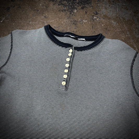 Vintage 80s/90s Black & White Striped 7 Button Henley T-Shirt
