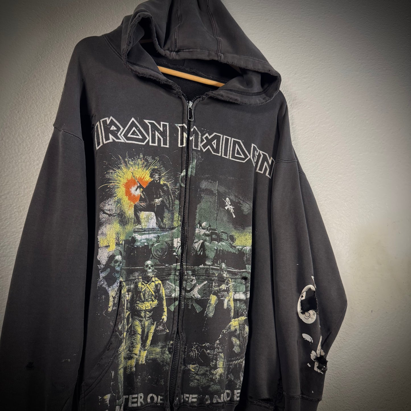 Vintage Iron Maiden Thrashed Band Tee Style Zip Up Hoodie