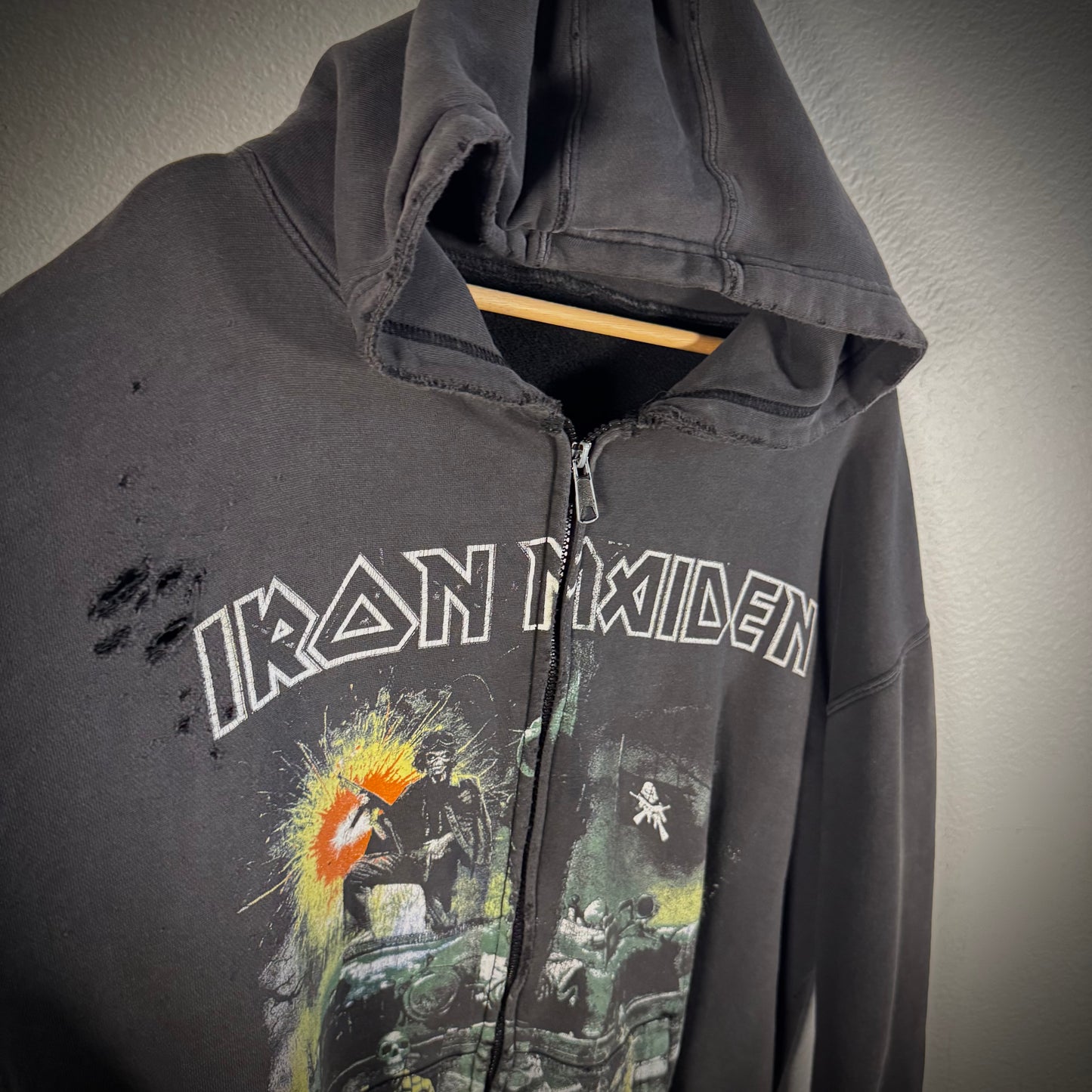 Vintage Iron Maiden Thrashed Band Tee Style Zip Up Hoodie