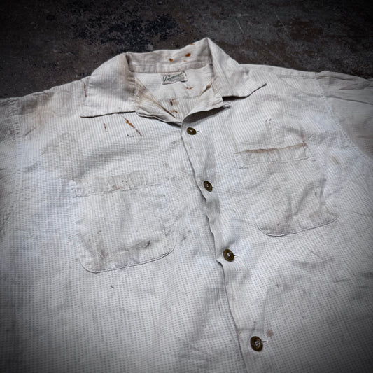 Vintage 50s Thrashed & Repaired Cotton Loop Collar Work Shirt