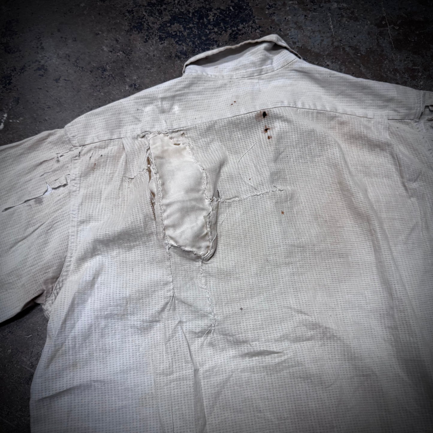 Vintage 50s Thrashed & Repaired Cotton Loop Collar Work Shirt