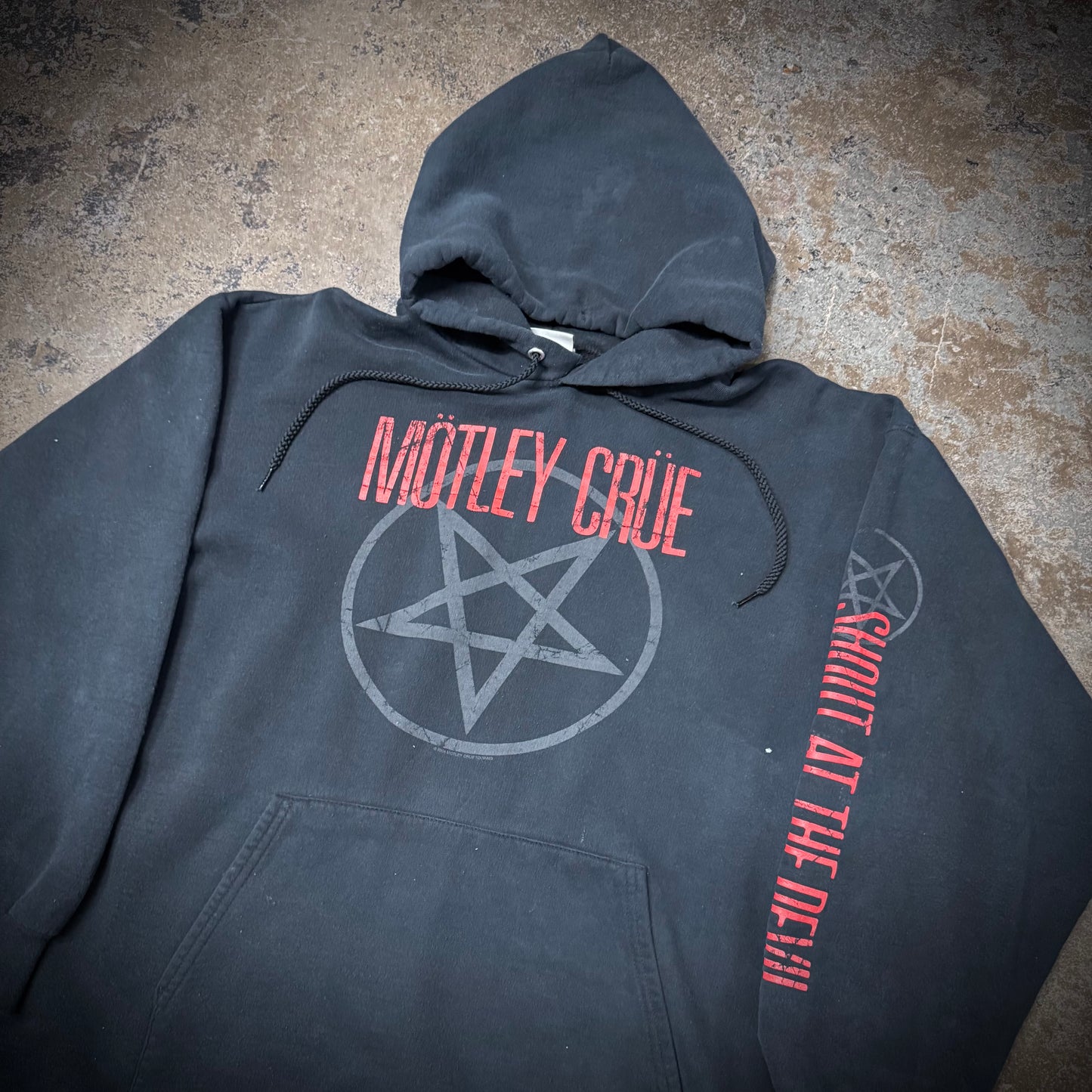 Vintage 00s Motley Crue Pentagram Faded Black Heavy Cotton Hoodie