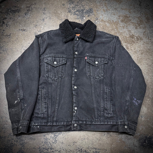 Vintage 90s Levi’s Black on Black Sherpa Lined Distressed and Faded Black Denim Jacket