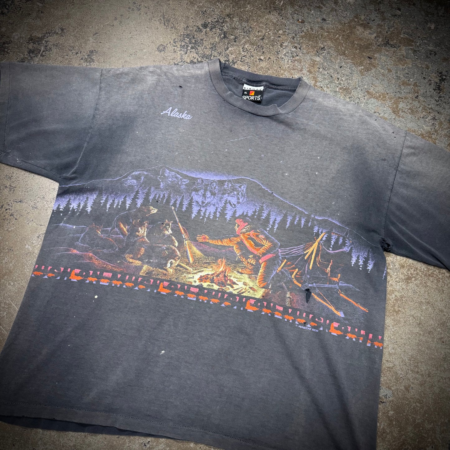 Vintage 90s Alaska Camp Fire Faded Black Tee