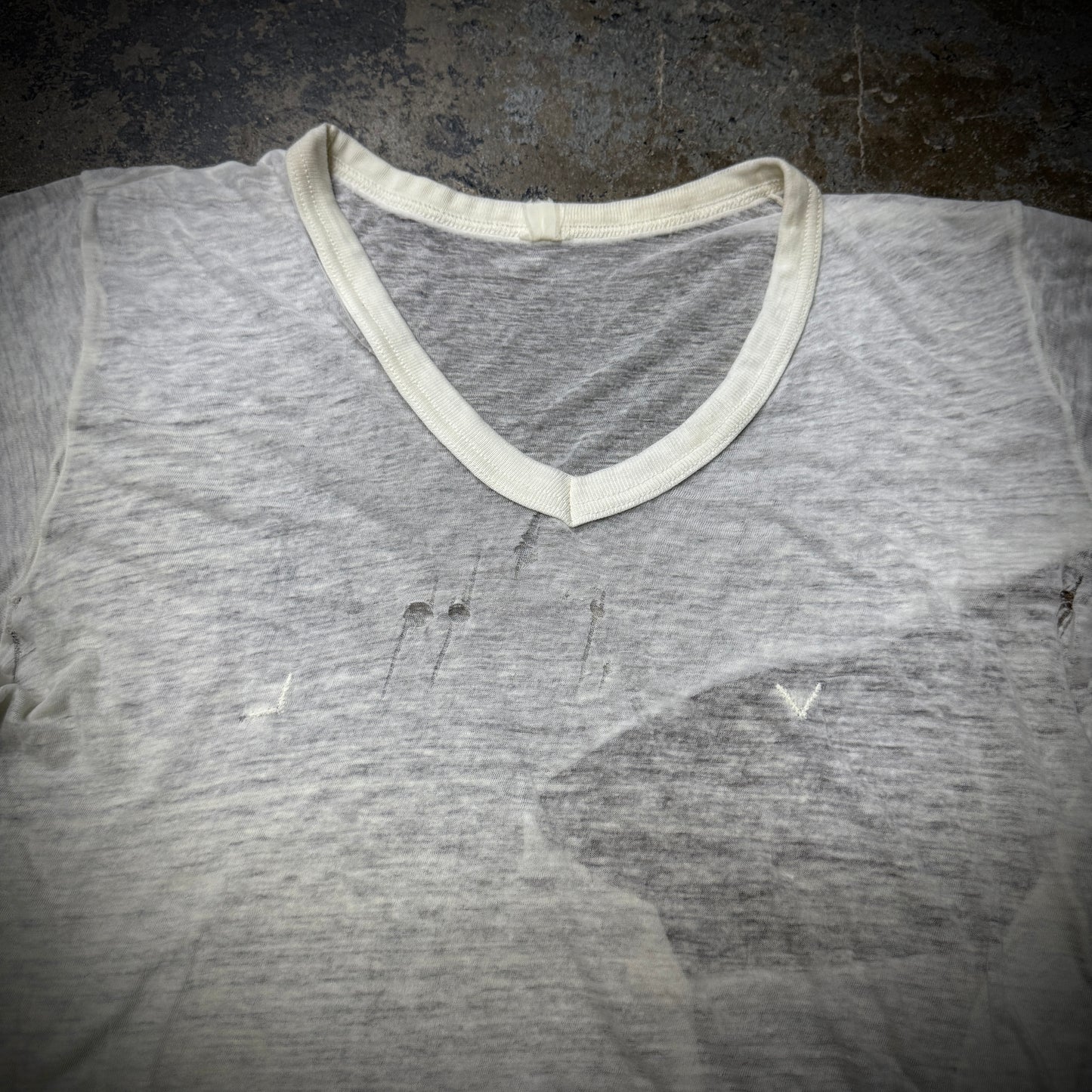 Vintage 70s Paper Thin Thrashed Deep V Blank White T-Shirt