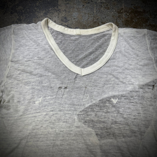 Vintage 70s Paper Thin Thrashed Deep V Blank White T-Shirt