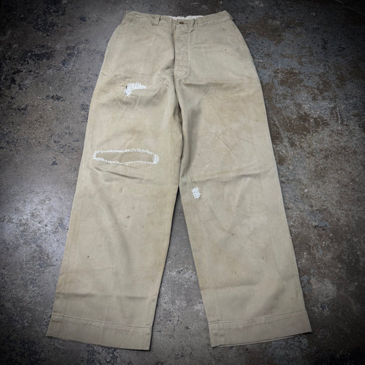 Vintage 50s Distressed and Repaired Wide Leg Cotton Chino Pants
