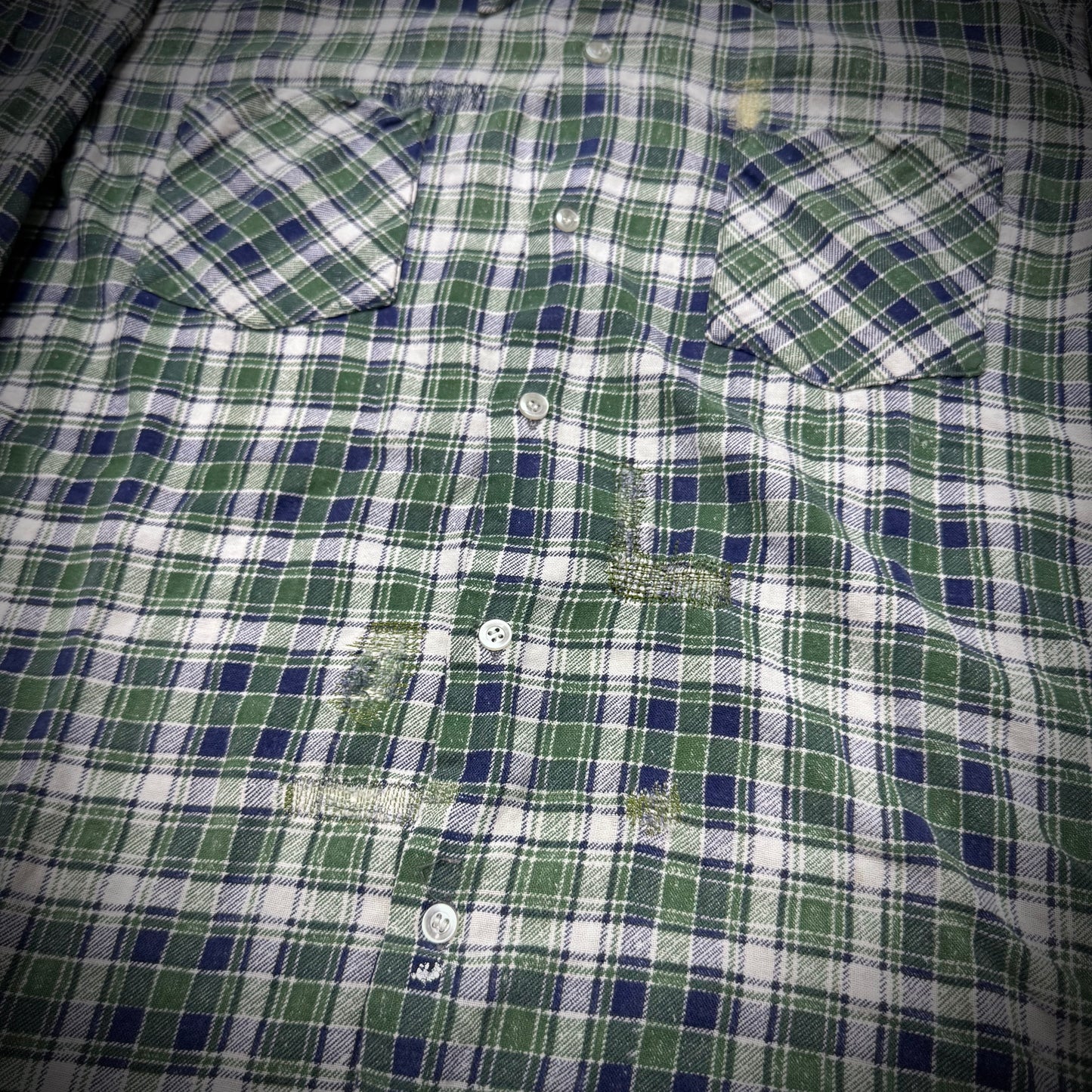 Vintage 70s Distressed and Repaired Plaid Cotton Shirt