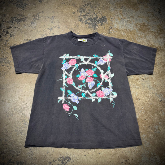 Vintage Faded Black Distressed Flower Art Tee