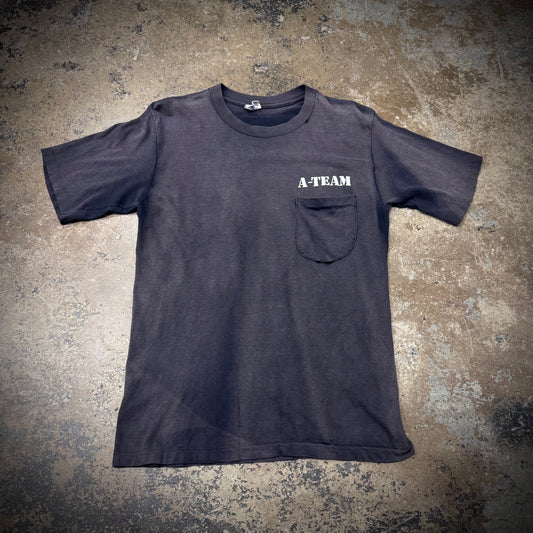 Vintage 70s Big Wednesday A-Team Surf Movie Promo Faded Black Pocket T-Shirt