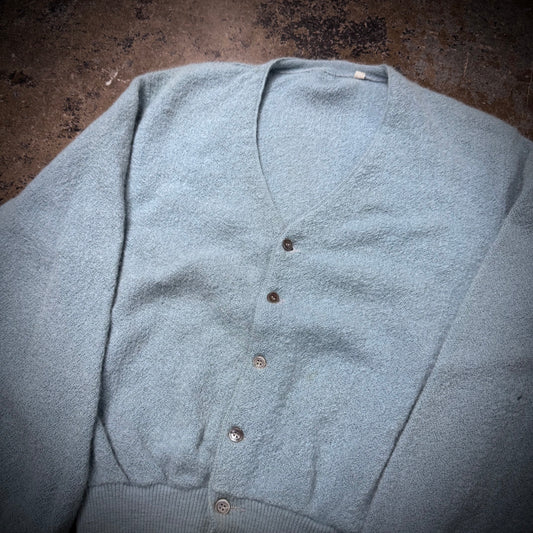 Vintage 70s Fuzzy Light Blue Acrylic/Wool Blend Cardigan Sweater