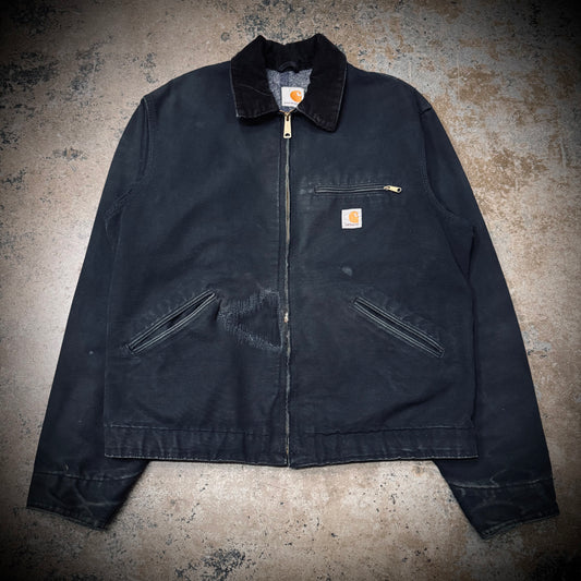 Vintage Carhartt J-001 Distressed and Repaired Faded Black Canvas Detroit Jacket