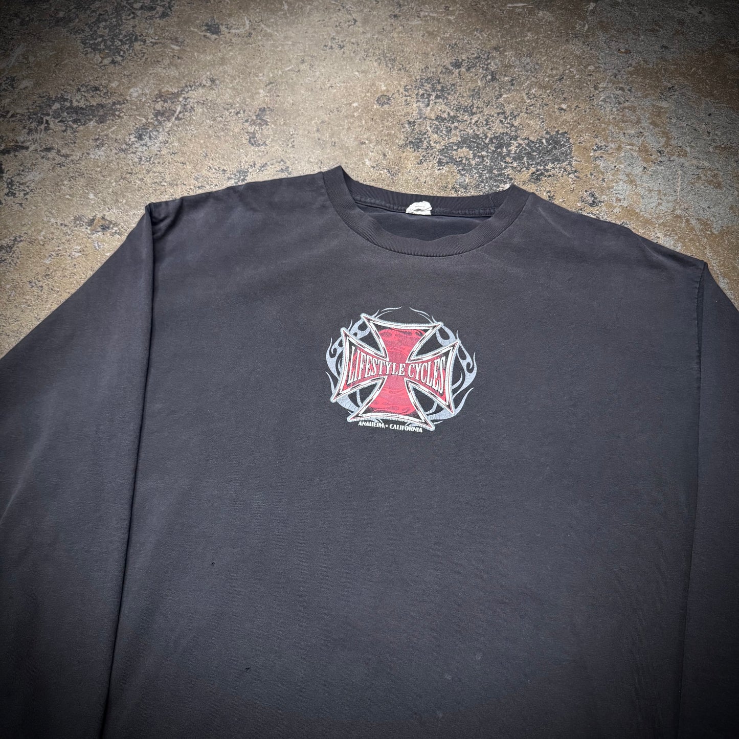 Vintage 00s Lifestyle Cycles WCC Style Biker Long Sleeve Faded Black T-Shirt