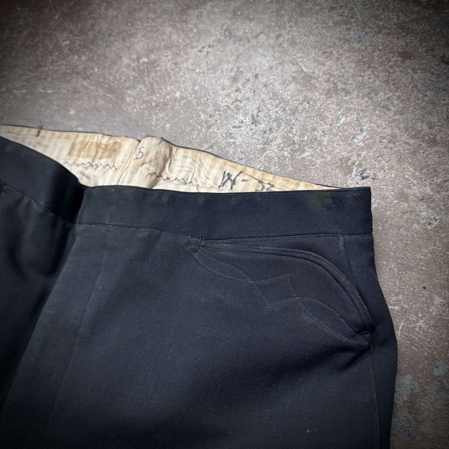 True Vintage 20s/30s Black Wool Gabardine Buckle Back Embroidered Pocket Cowboy Pants