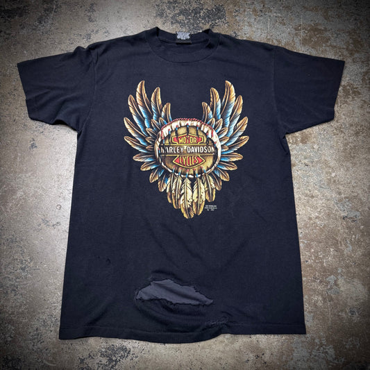 Vintage Harley Davidson Dreamcatcher 3D Emblem Faded Black Repaired T-Shirt