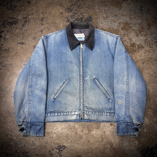 Vintage 70s Sears Work Leisure Faded Blue Denim Blanket Lined Detroit Style Jacket