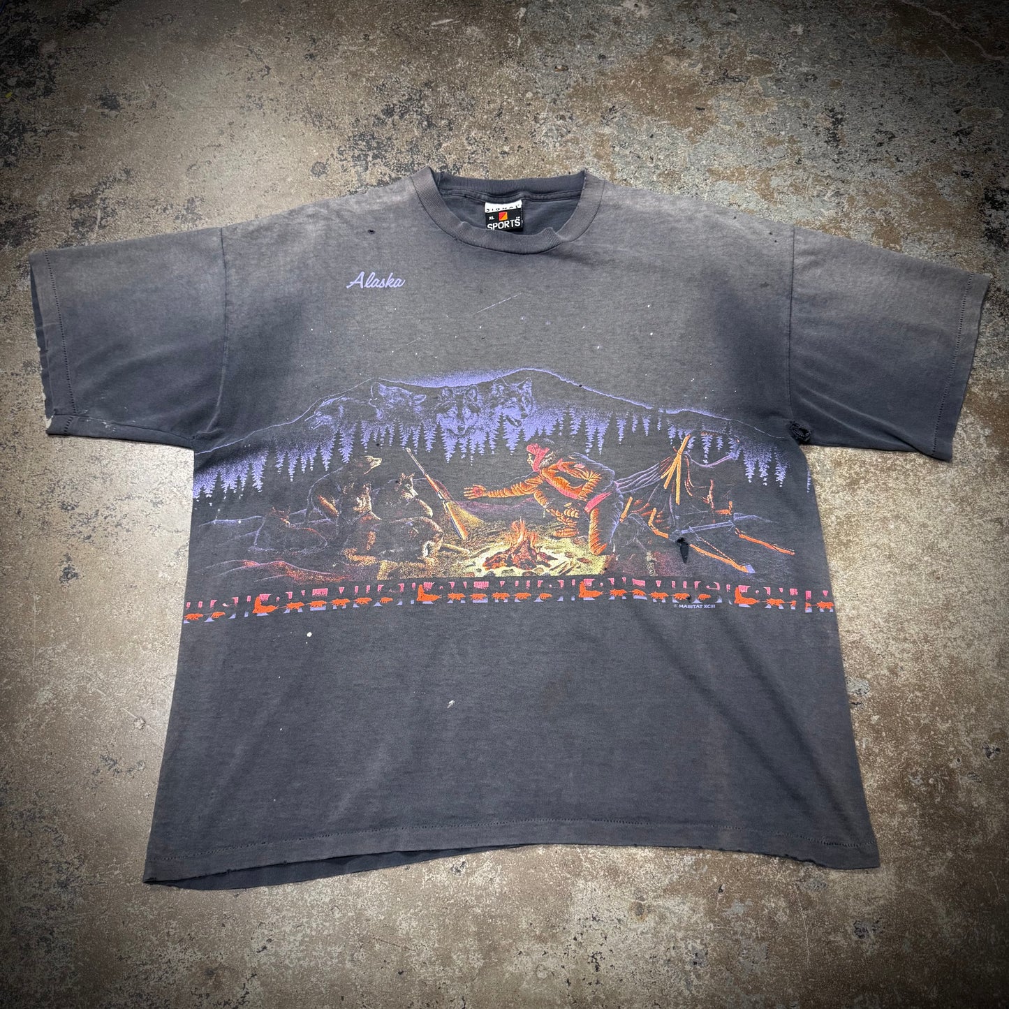 Vintage 90s Alaska Camp Fire Faded Black Tee