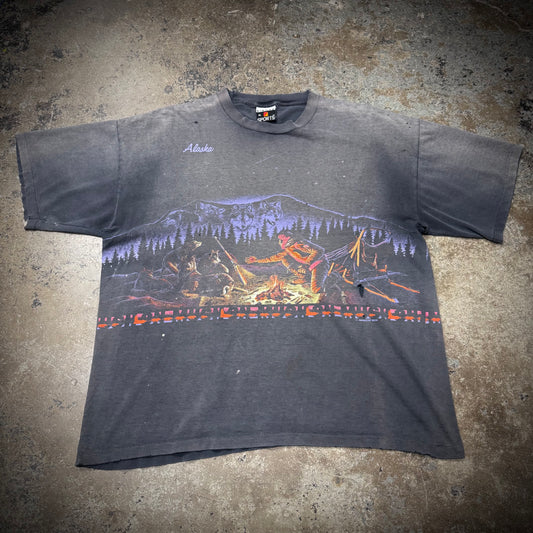 Vintage 90s Alaska Camp Fire Faded Black Tee