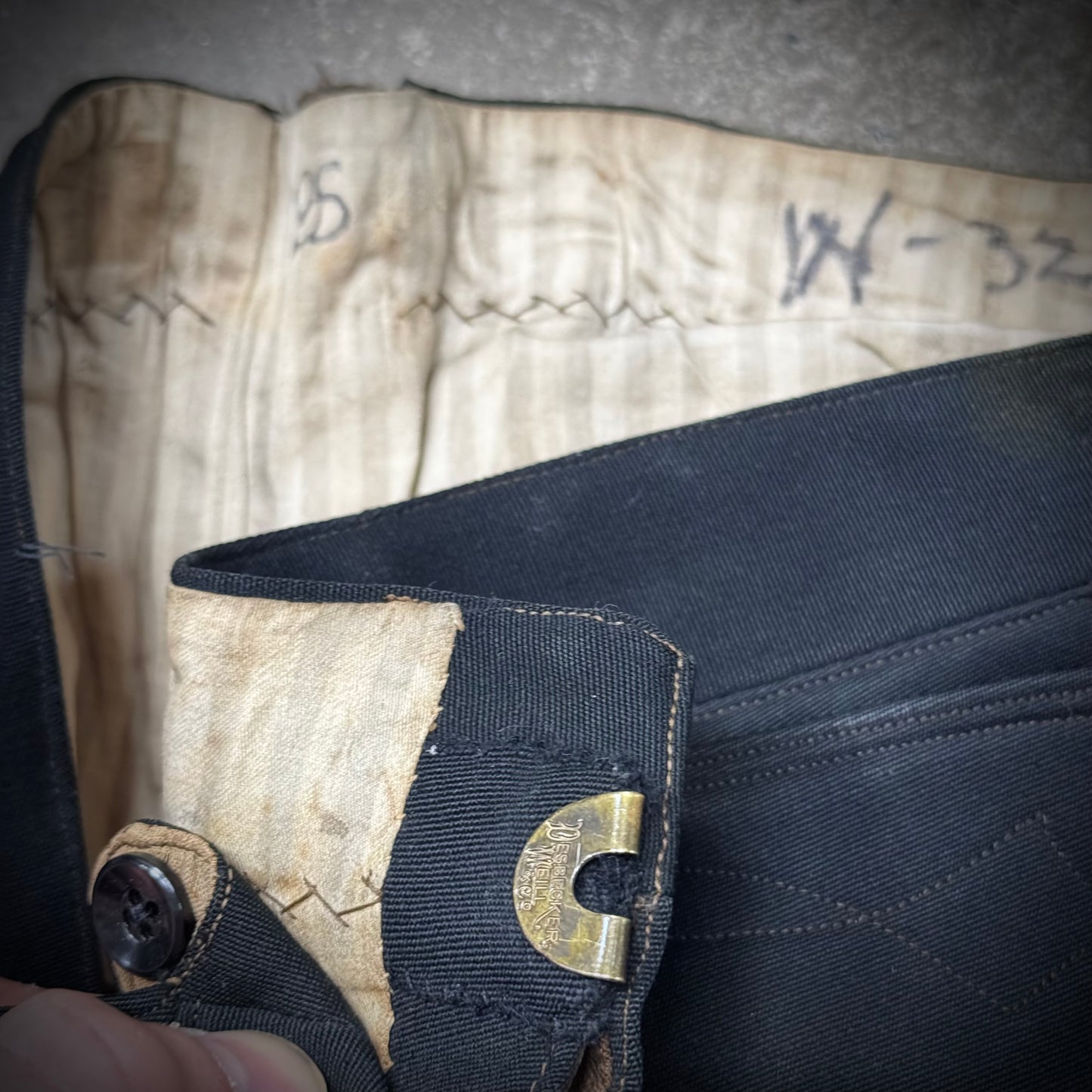 True Vintage 20s/30s Black Wool Gabardine Buckle Back Embroidered Pocket Cowboy Pants