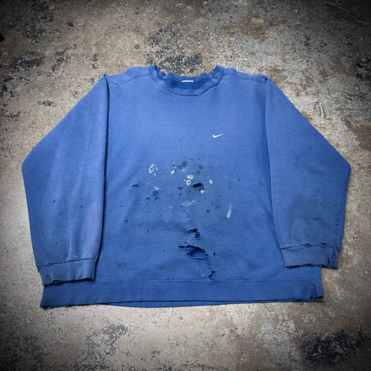 Vintage 90s Nike Swoosh Thrashed and Paint Stained Crewneck Sweatshirt
