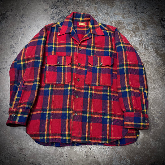Vintage 40s/50s Wool Plaid Distressed Button Up Two Pocket Shirt