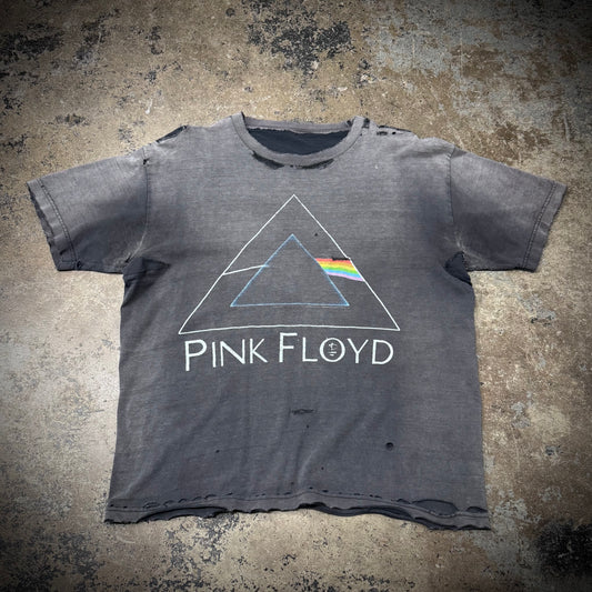 Vintage 00s Pink Floyd Dark Side of the Moon Thrashed and Repaired Faded Black Band Tee