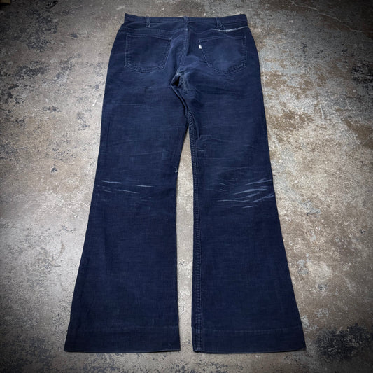 Vintage 70s Levi’s White Tab Distressed Corduroy Navy Blue Boot Cut Jeans