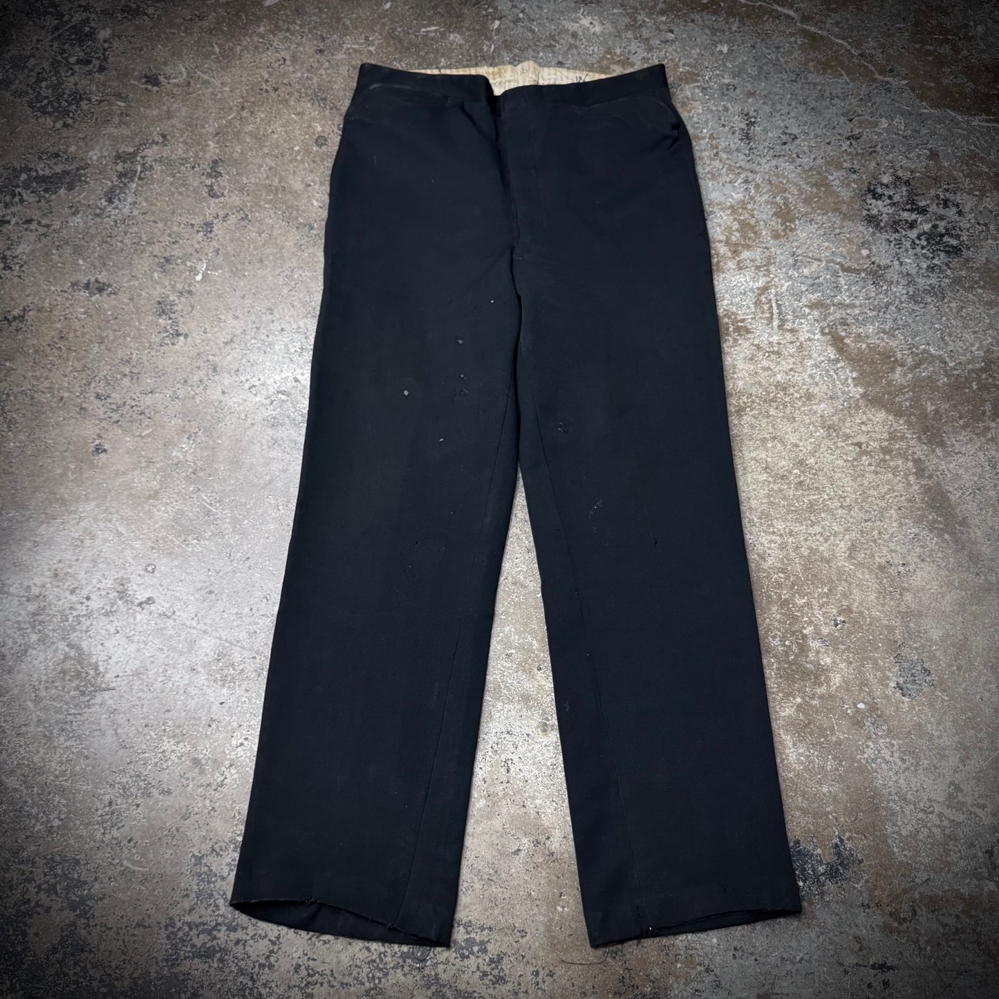 True Vintage 20s/30s Black Wool Gabardine Buckle Back Embroidered Pocket Cowboy Pants