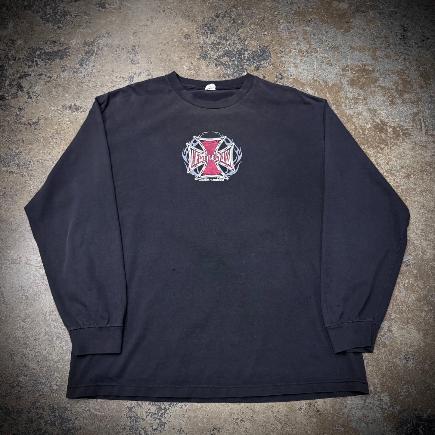 Vintage 00s Lifestyle Cycles WCC Style Biker Long Sleeve Faded Black T-Shirt