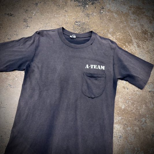 Vintage 70s Big Wednesday A-Team Surf Movie Promo Faded Black Pocket T-Shirt