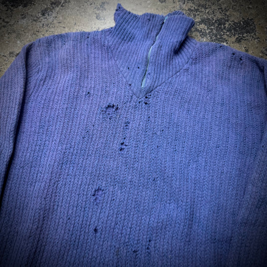 Vintage 60s/70s Thrashed 1/4 Zip Wool Blend Knit Sweater