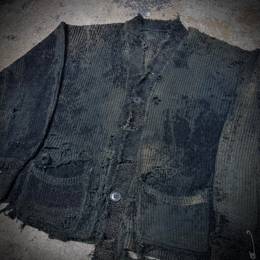 Vintage 1930s Salt & Pepper Thrashed Faded Black Cardigan Sweater