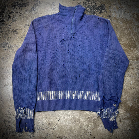 Vintage 60s/70s Thrashed 1/4 Zip Wool Blend Knit Sweater