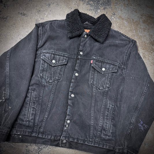 Vintage 90s Levi’s Black on Black Sherpa Lined Distressed and Faded Black Denim Jacket